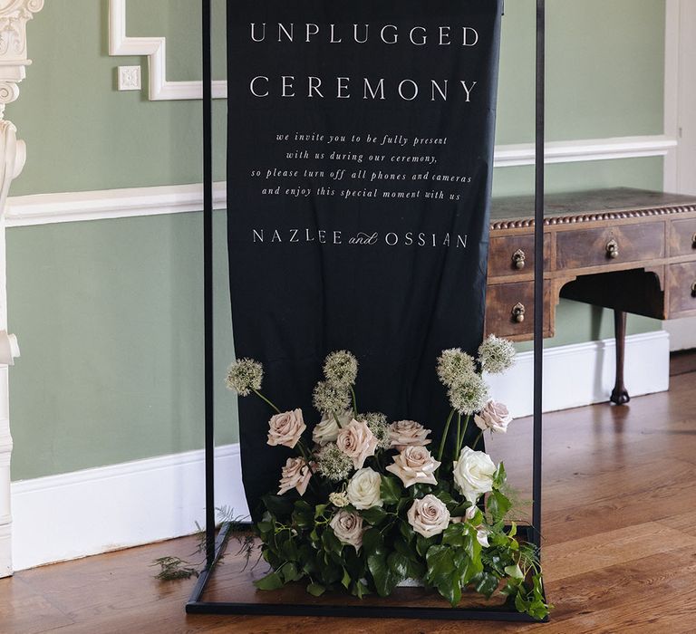 Black fabric unplugged wedding ceremony sign 