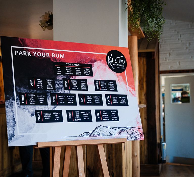 Red, black and white wedding table plan sign 