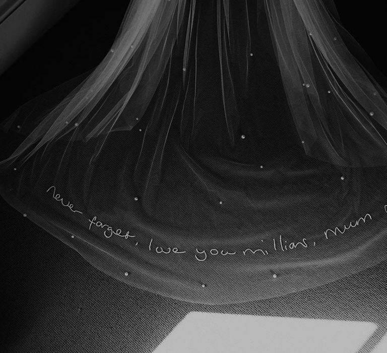 Personalised embroidered wedding veil with words from the bride's mum 