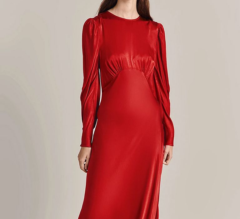 Mother of the bride maxi red satin long sleeve dress