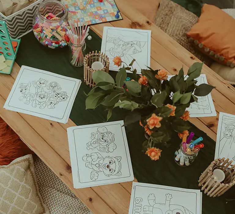 Kids colouring table set up at wedding