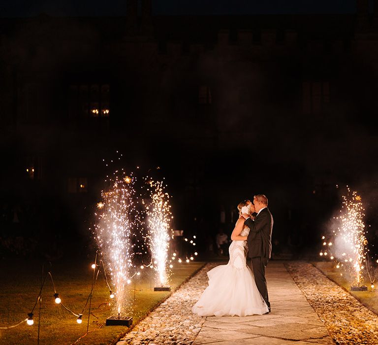 Epic firework display for the bride and groom at luxe mansion wedding 