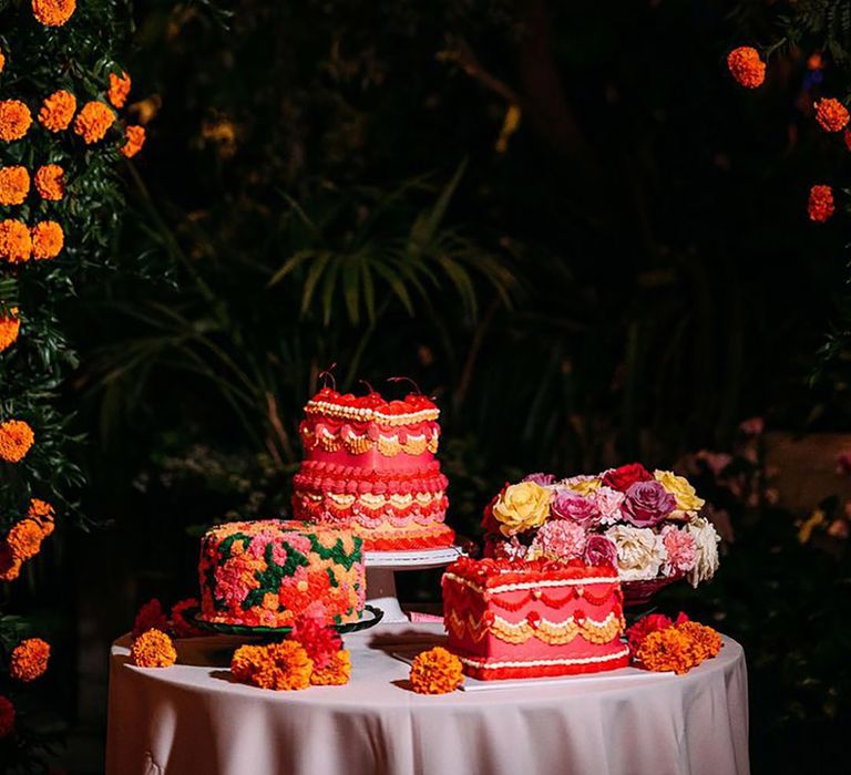 Sefton Park Palm House wedding with multiple bright coloured retro wedding cakes 