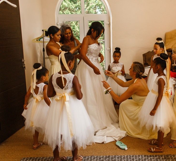 Bridal party preparations for destination wedding in France