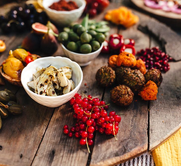 Outdoor vegan grazing platter with colourful food