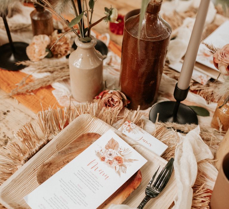 Boho table decor with wooden plates and Autumnal colour scheme