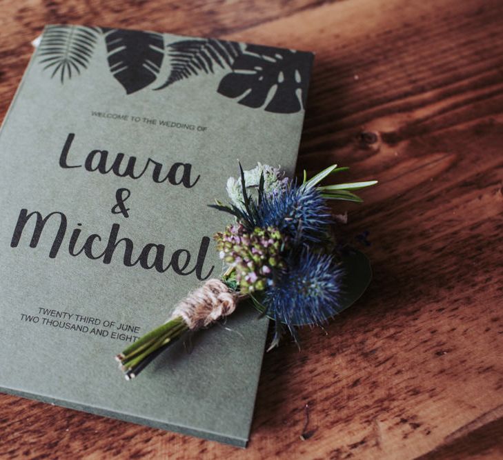 Green botanical card wedding order of service with thistles photographed by Fox Tail Photography