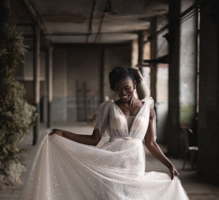 Sparkly Berta bridal gown with chiffon bow detail on the shoulder straps 