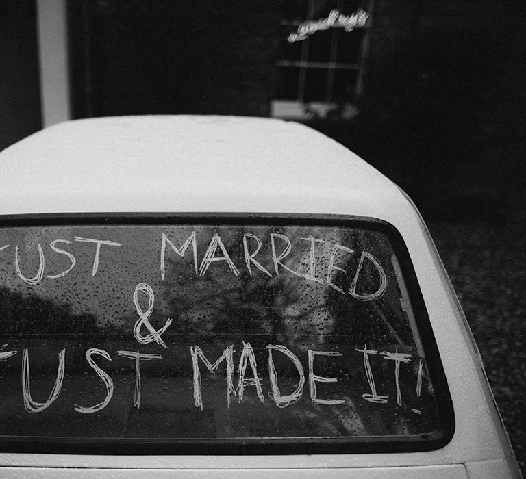 Just Married vintage 126 Fiat white wedding car 