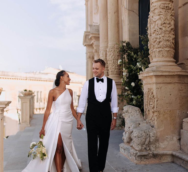 Black tie wedding with bride in Jane hill bridal gown and groom in black-tie suit