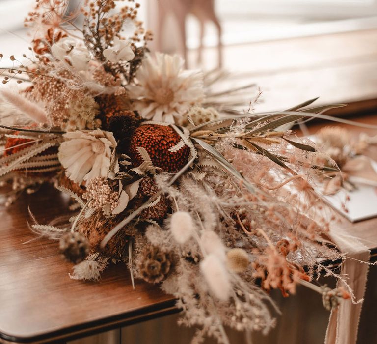 Dried wedding flower bouquet for boho industrial style wedding 