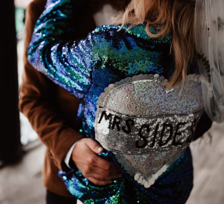 Blue sequin wedding jacket for the bride 