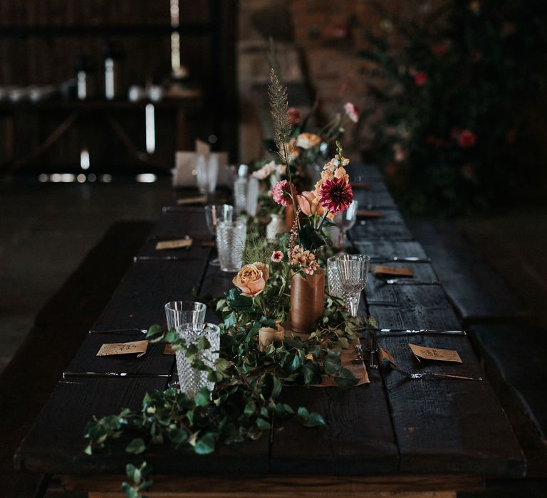 Floral centrepiece wedding decor at Willow Marsh Farm wedding reception