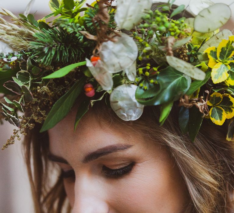 Close up of bride with sustainable flower crown