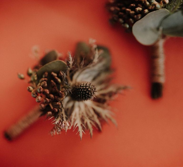 Thistle and wild berry lapel flower details