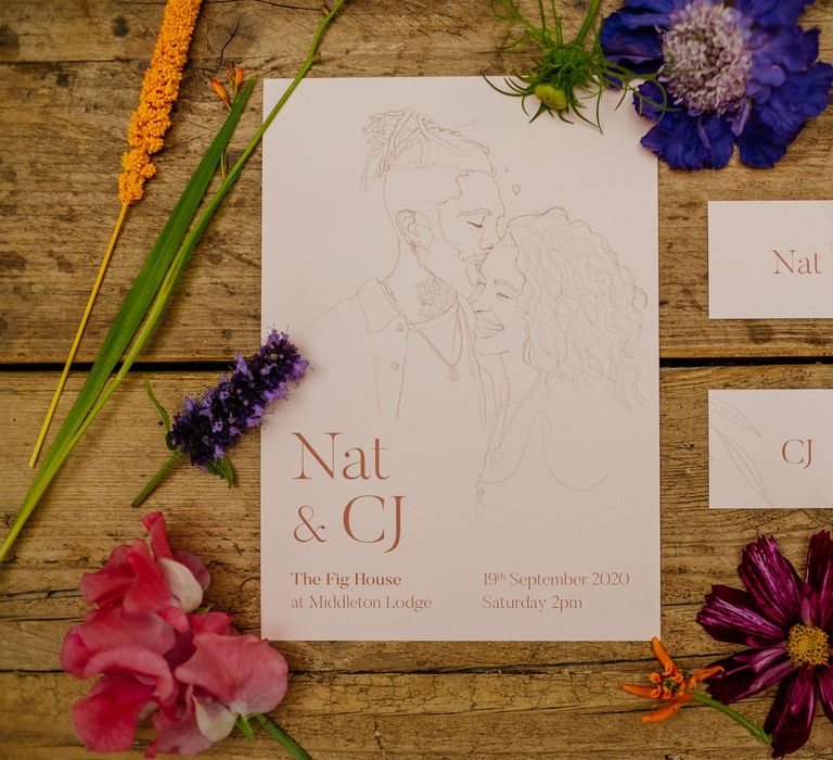 Bride and groom illustration wedding invitation by Nus For Design