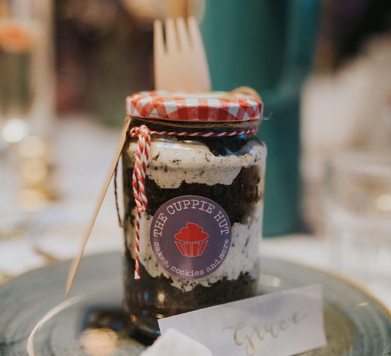 Cake in a jar wedding favour for guests at Georgian town house Norwich wedding