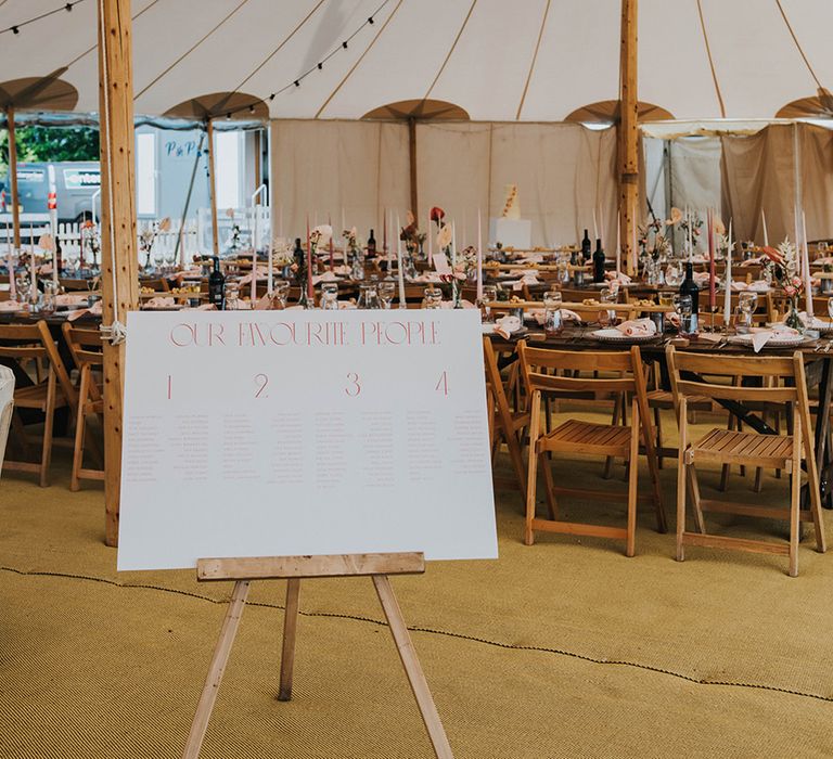 Pink and white wedding table plan for marquee wedding 