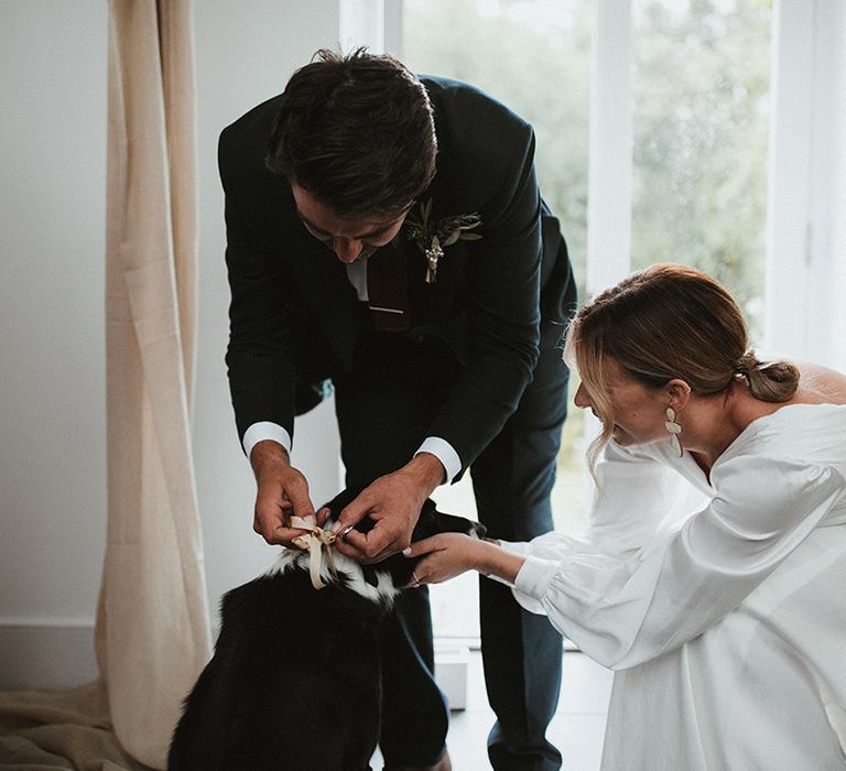 Bride & groom tie silk ribbon to dogs collar during their intimate wedding ceremony 