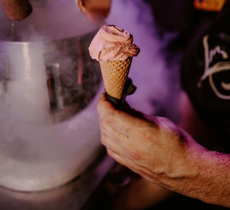 Pink nitro ice cream at the Gherkin wedding venue 