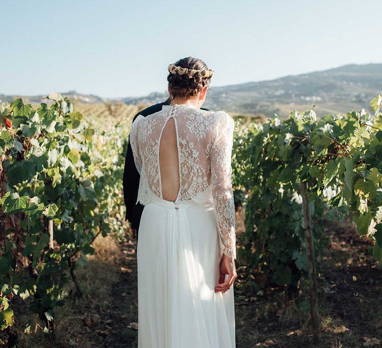 backless wedding dress with lace overlay at Porto vineyards, Portugal wedding venue