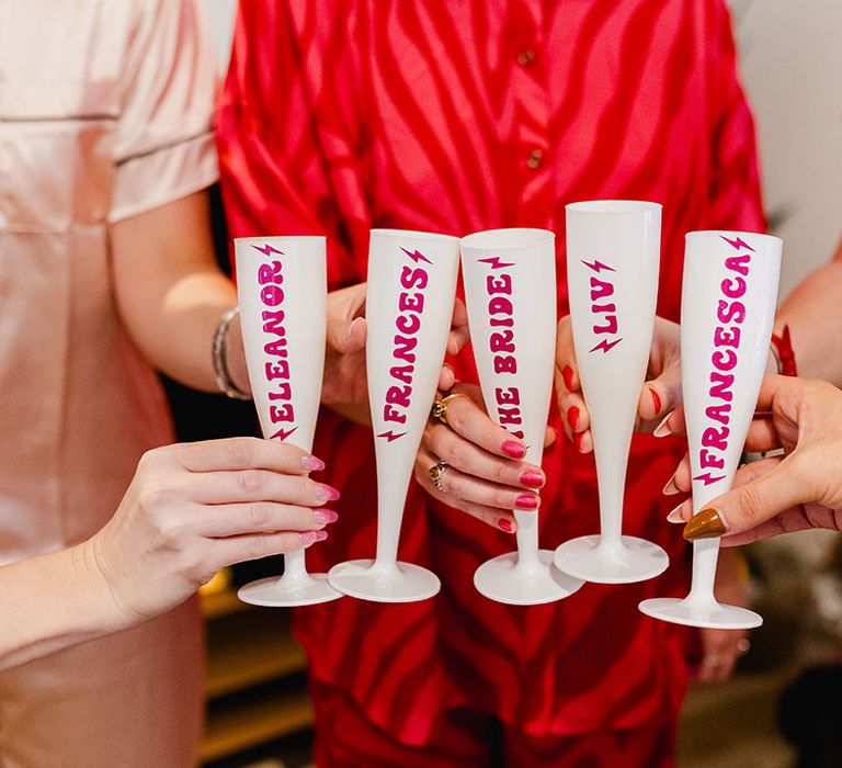 Personalised plastic white wine glasses with pink retro font 