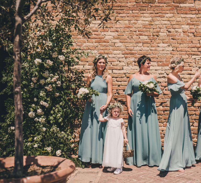 Blue bridesmaid dresses and flower crowns for Tuscany Italy Wedding