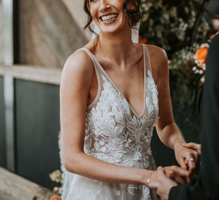 Bride in a Lola Crepe Made With Love bridal gown at new Lake District wedding Venue, Ghyll Barn