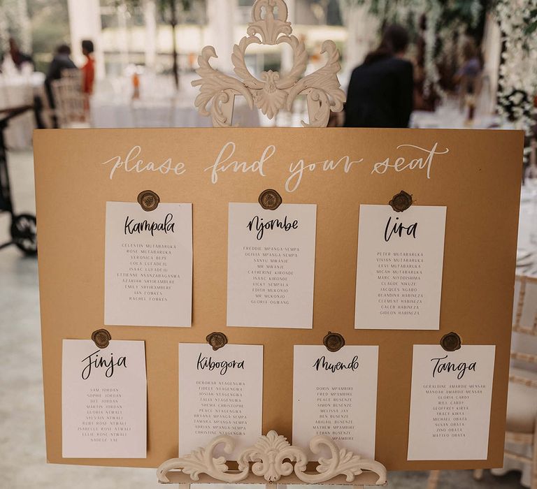 Seating plan on wooden board 