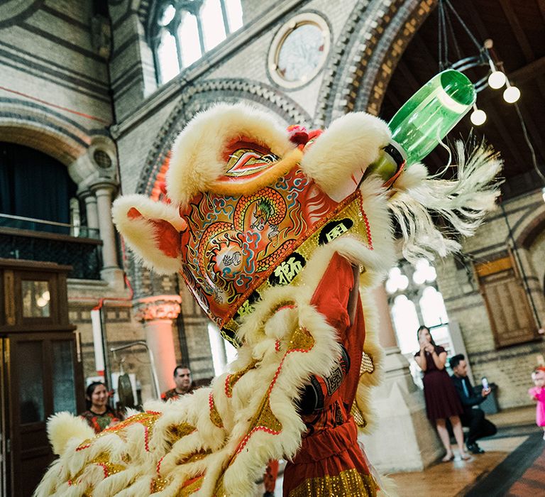 Colourful Lion Troupe dance during wedding reception 