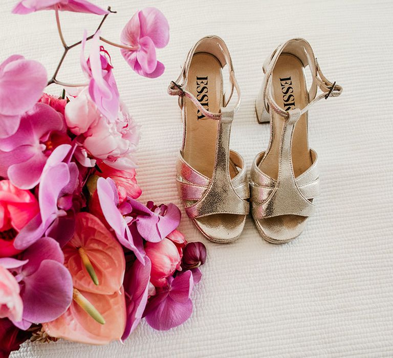 Esska Shoes in metallic gold shade with pink wedding bouquet orchids and roses 