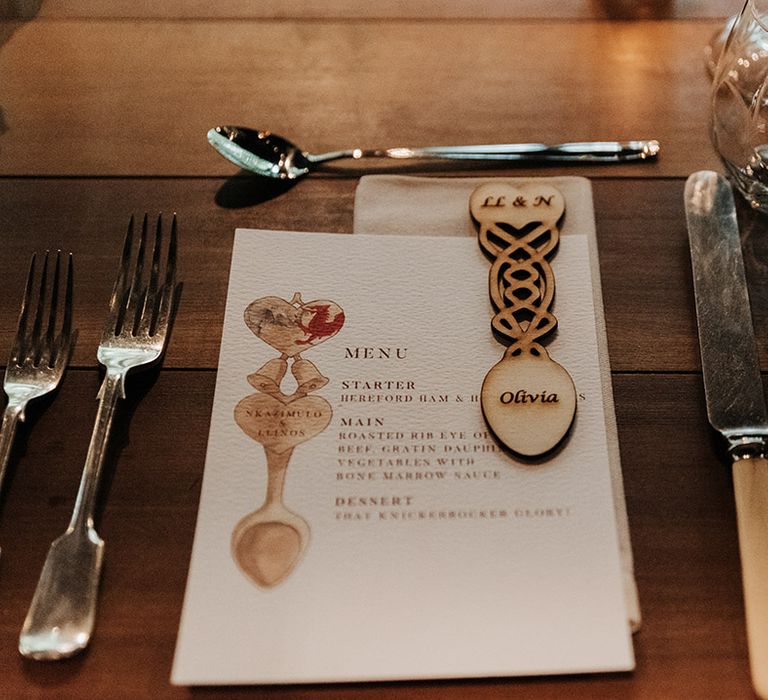 Dewsall Court wedding with custom wedding stationery and Welsh love spoon wedding favours 