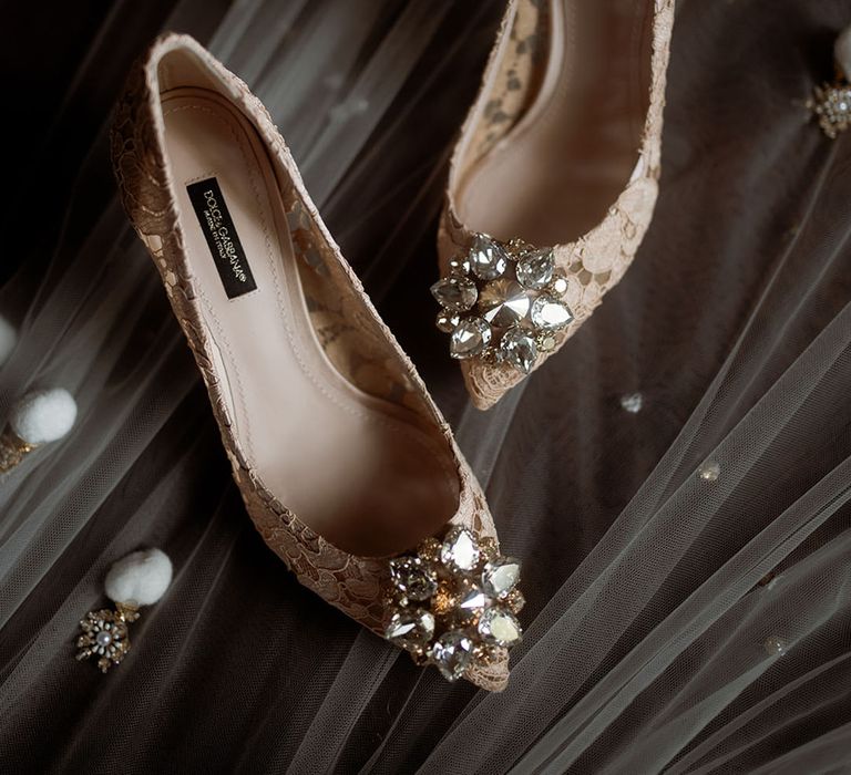 Dolce & Gabbana lace wedding shoes with shiny shoe clips for bride 