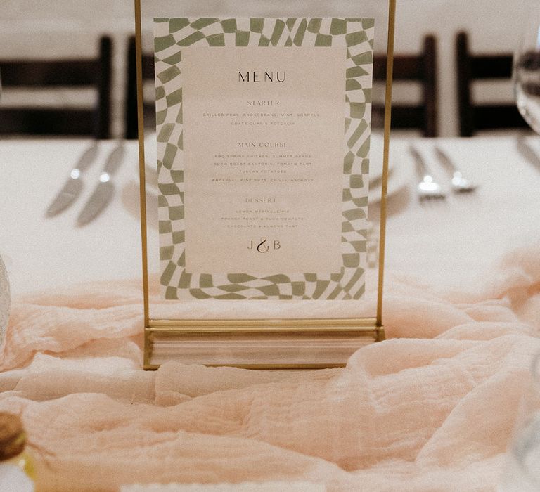 Sage green and white retro wedding menu signage 