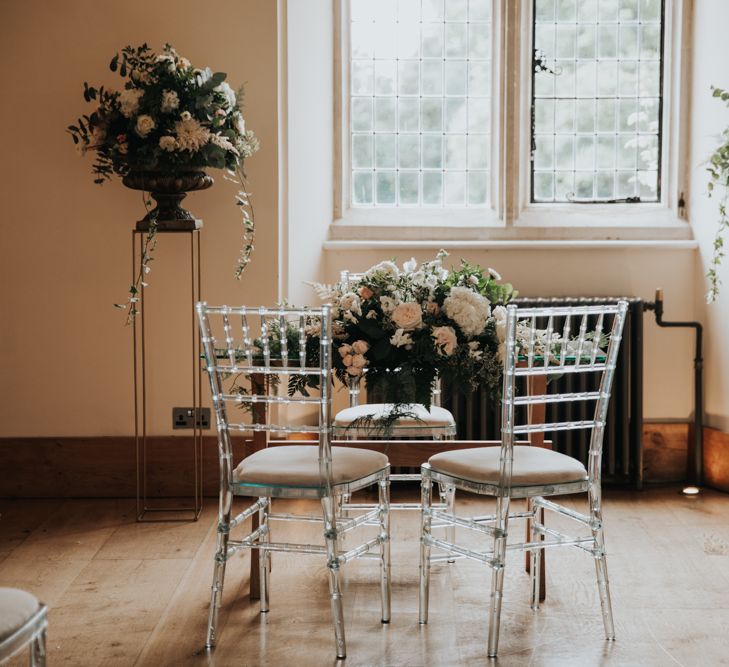 Ghost chairs at Notley Abbey wedding ceremony 