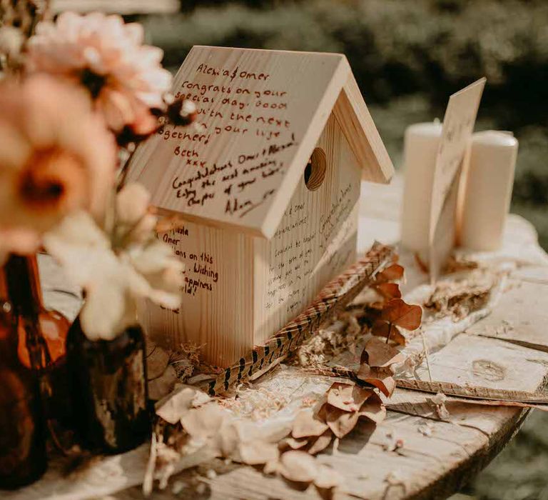 Sustainable wooden bird house wedding guest book