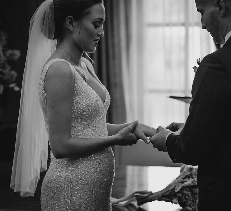 Pregnant bride in sequin wedding dress