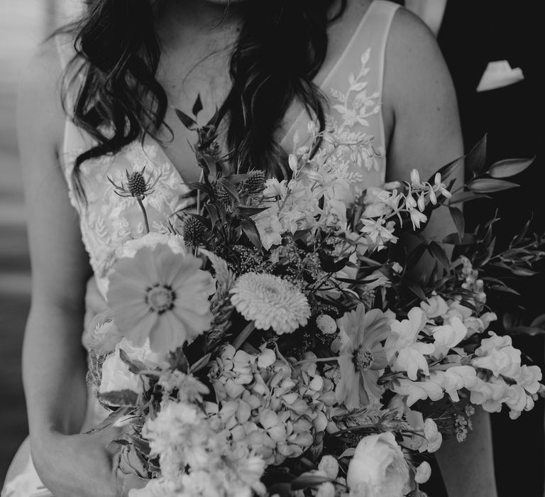 Black & white image of bride and groom on their wedding day