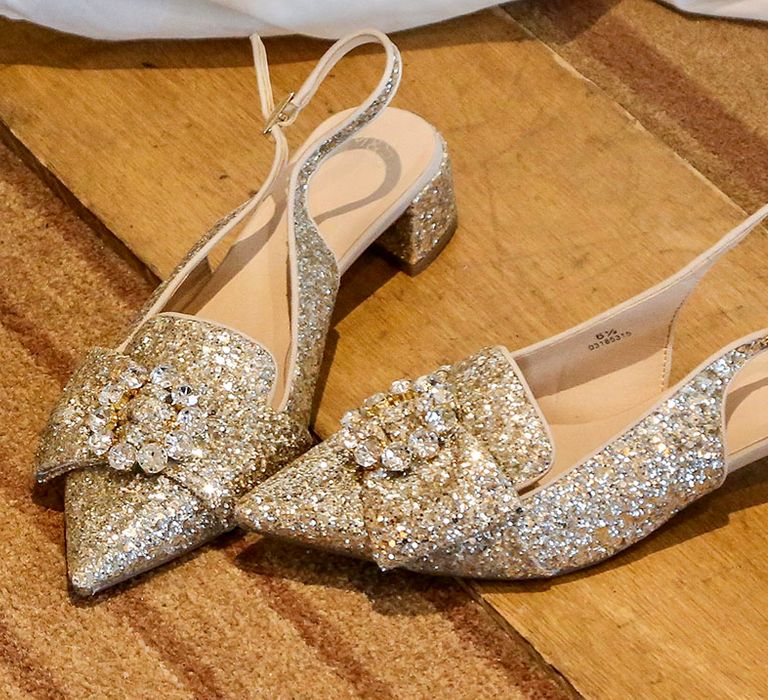 Bridal shoes complete with embellishment on wedding day