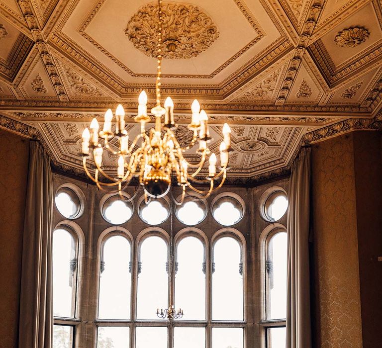 Grittleton House wedding reception venue with chandelier above room 