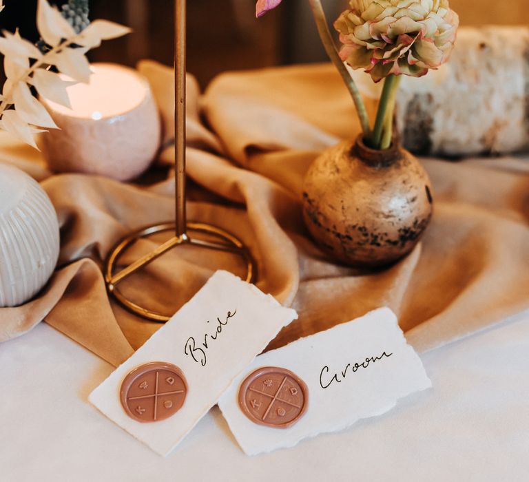 Wedding table place names with calligraphy and rose gold wax stamp 