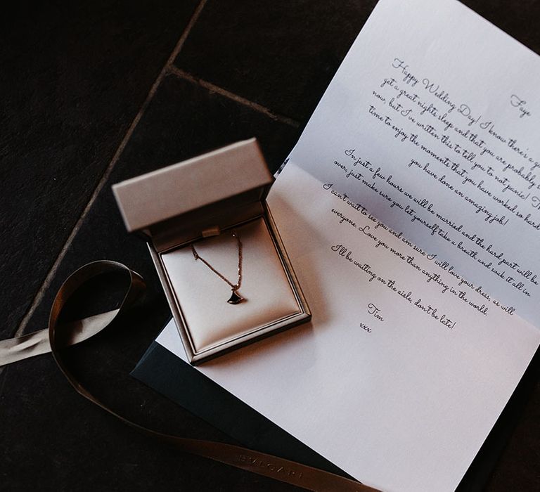 Personal handwritten note from the groom to the bride with a gift including a Bvlgari necklace