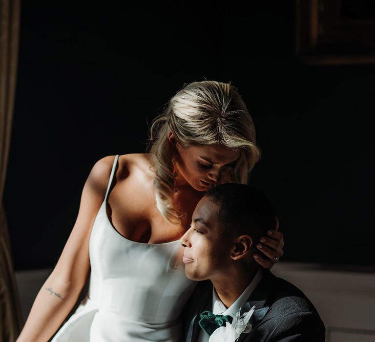 Intimate LGBTQI+ couples portrait at Luxe Hodsock Priory wedding 