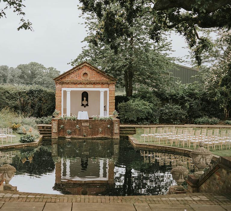 Empty outdoor wedding ceremony set up at Micklefield Hall