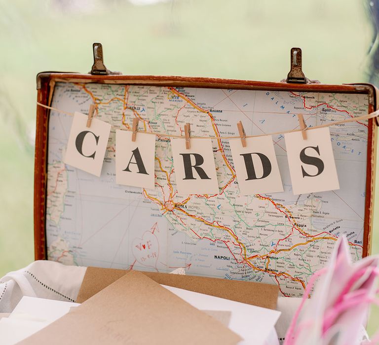 Vintage suitcase with map inside for cards 