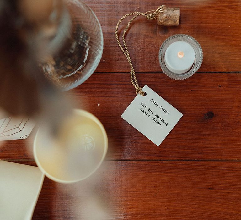 Cute wedding tag on the cork for fun and quirky wedding decor 