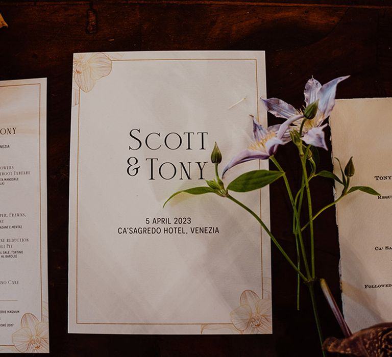 Classic white wedding stationery suite with wedding menu 