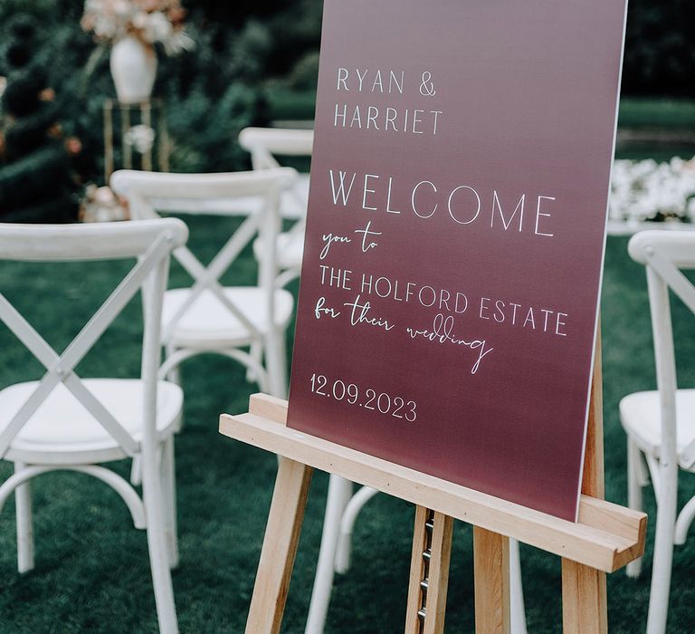 Dark burgundy wedding welcome sign 