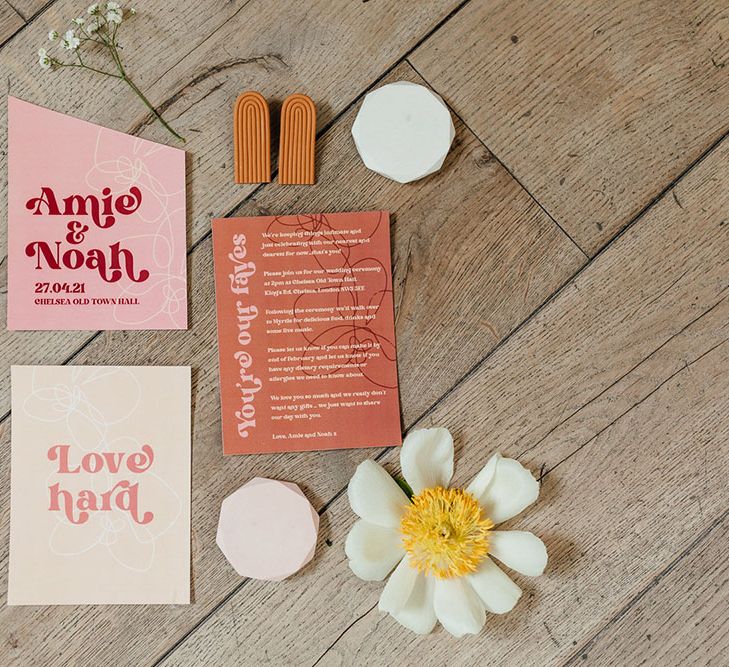 Retro wedding stationery designs with pink and yellow wedding colours 