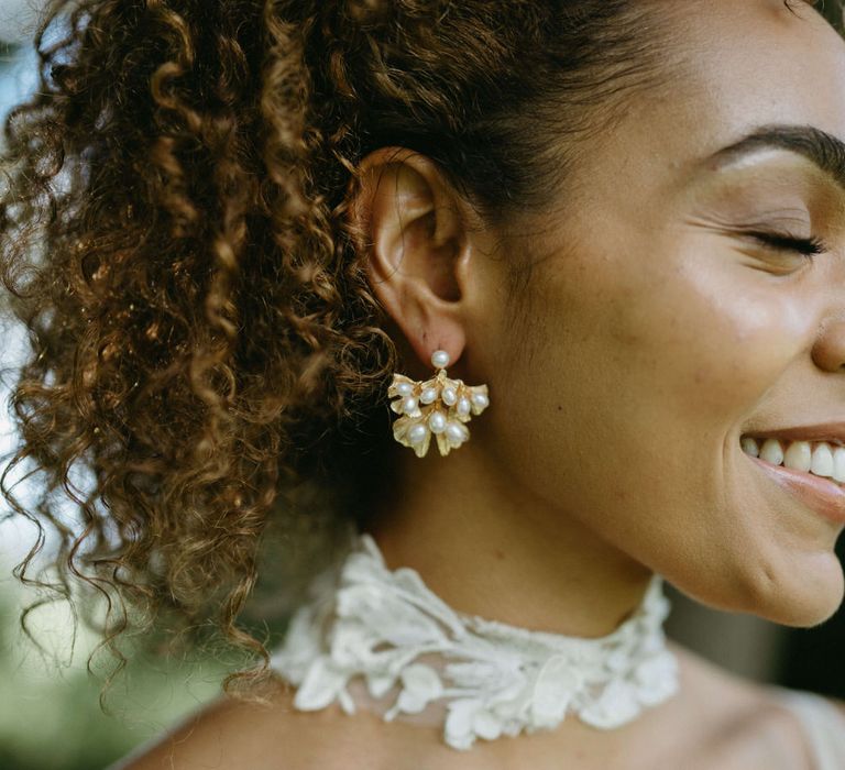 Gold and pearl bridal earrings for botanical boho inspired wedding shoot at Berwick Lodge